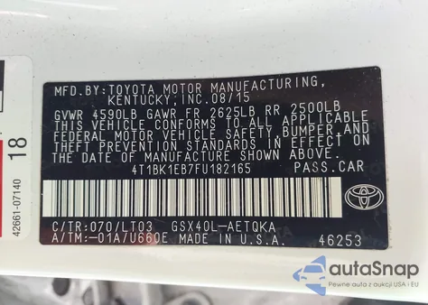 2015 Toyota Avalon Xle Touring z USA, uszkodzony, nr VIN 4T1BK1EB7FU182165